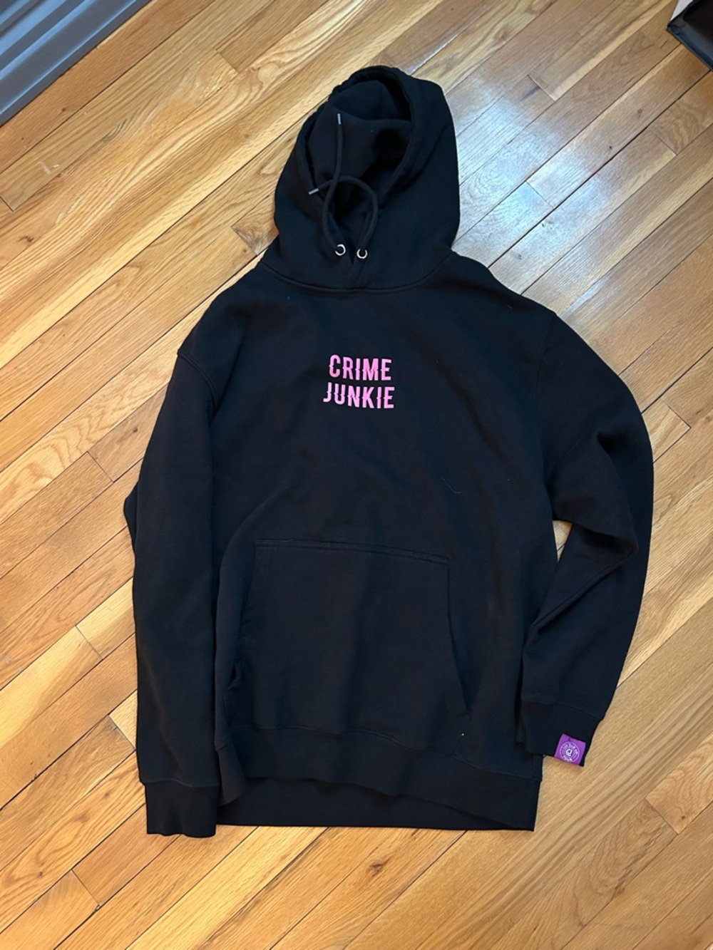 Black "CRIME JUNKIE" Hoodie with Pink Text